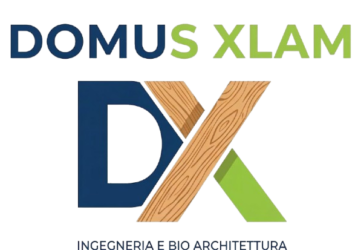 Logo Domus Xlam: monogramma DX blu e legno con scritta Ingegneria e Bio Architettura